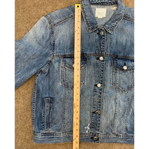 American Eagle Jacket Mens XL Denim Trucker Distressed Y2K  Jean Button Up - Picture 3 of 9